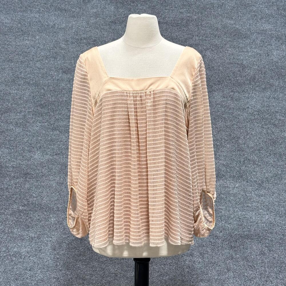 Meadow Rue Blouse Womens Large Beige Textured Sheer Peasant Top Long Sleeve Boho